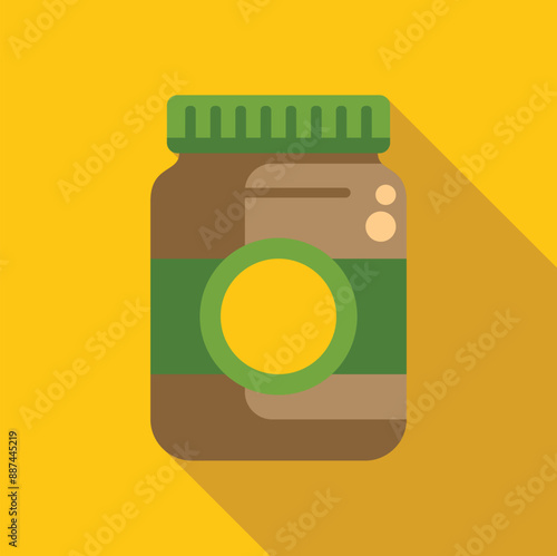 Closed glass jar with green lid and blank label displaying on yellow background with long shadow perfect for food industry topics