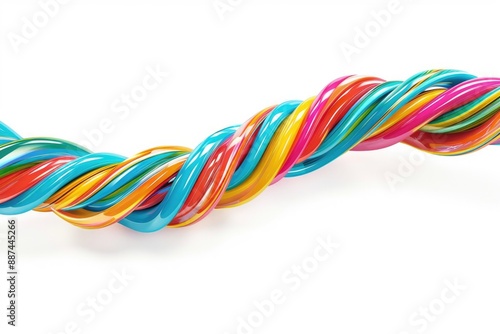 A colorful twisted rope laid out on a white surface, great for illustration or design purposes