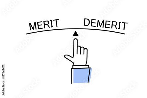 メリットとデメリットのシーソーを指差すビジネスマンの手元