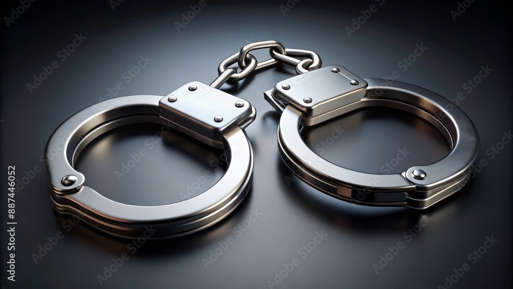 A metallic pair of handcuffs with a chain loop, isolated on a dark gray background, symbolizing restraint and confinement. A metallic pair of handcuffs with a chain loop, isolated on a dark gray background, symbolizing restraint and confinement.