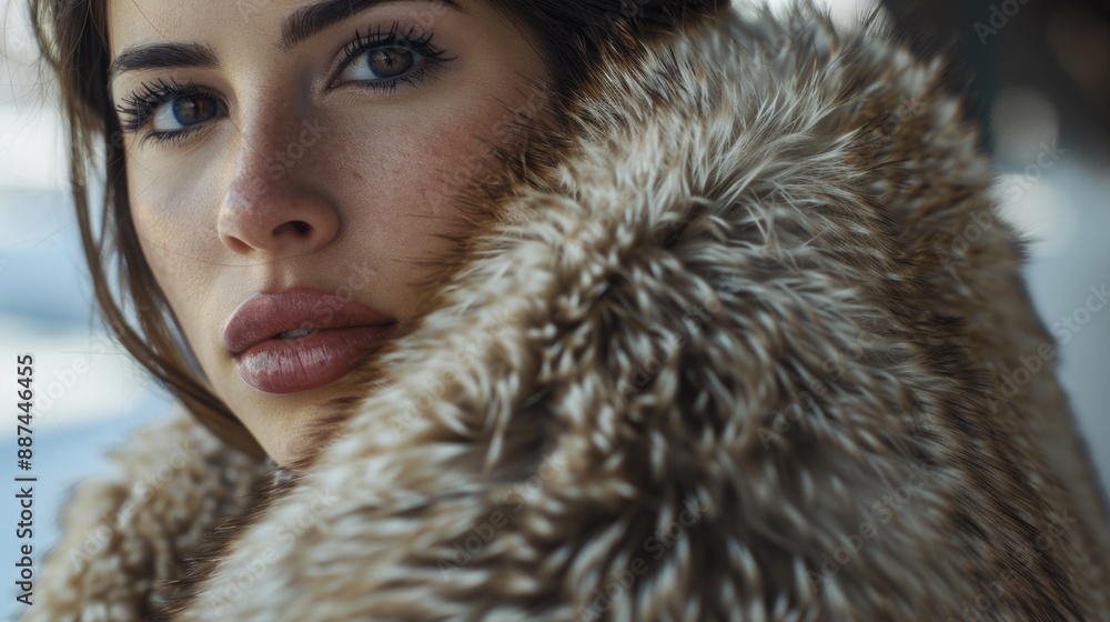 A woman posing with a fur coat on, looking directly at the camera A woman posing with a fur coat on, looking directly at the camera