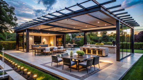 Modern black steel and glass pergola with open air kitchen and dining table surrounded by comfortable outdoor seating in mansion backyard.