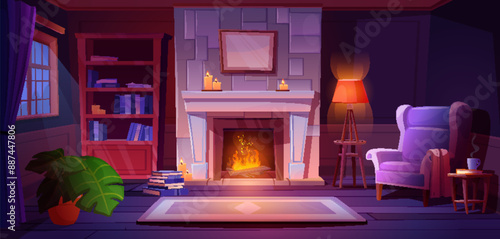 Night living room with fireplace. Vector cartoon illustration of cozy home interior with armchair near fire, floor lamp, books on wooden shelf, candles, picture frame on wall, moonlight in window