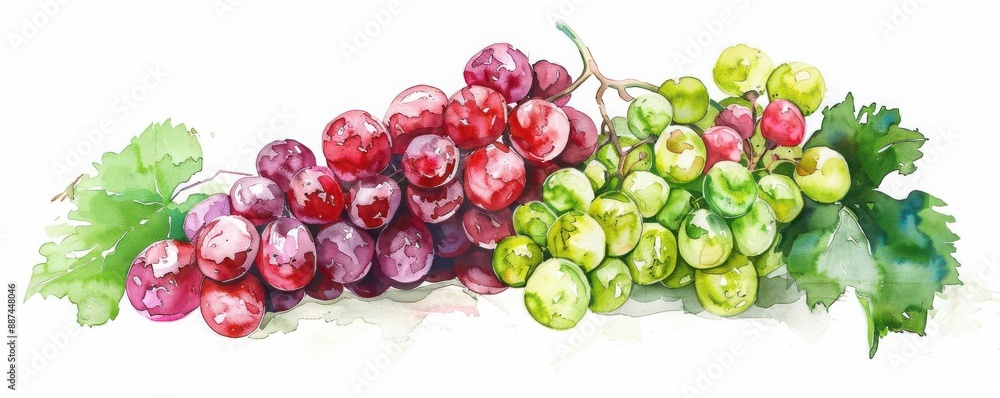 A cluster of red and green grapes, food element, watercolor illustration, bright colors, isolated on white background A cluster of red and green grapes, food element, watercolor illustration, bright colors, isolated on white background