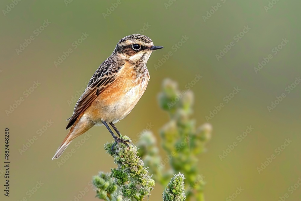 A tiny bird rests on the leaves of a plant, its feathers ruffled by the gentle breeze A tiny bird rests on the leaves of a plant, its feathers ruffled by the gentle breeze
