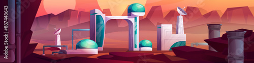 Futuristic space station on alien planet. Vector cartoon illustration of science mission base with modern buildings under glass domes, pipeline, radar antennas, rocky stone terrain, mars exploration