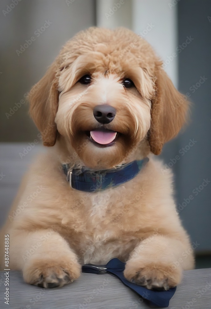 A Goldendoodle with a charming smile, sitting on a porch swing. A Goldendoodle with a charming smile, sitting on a porch swing.