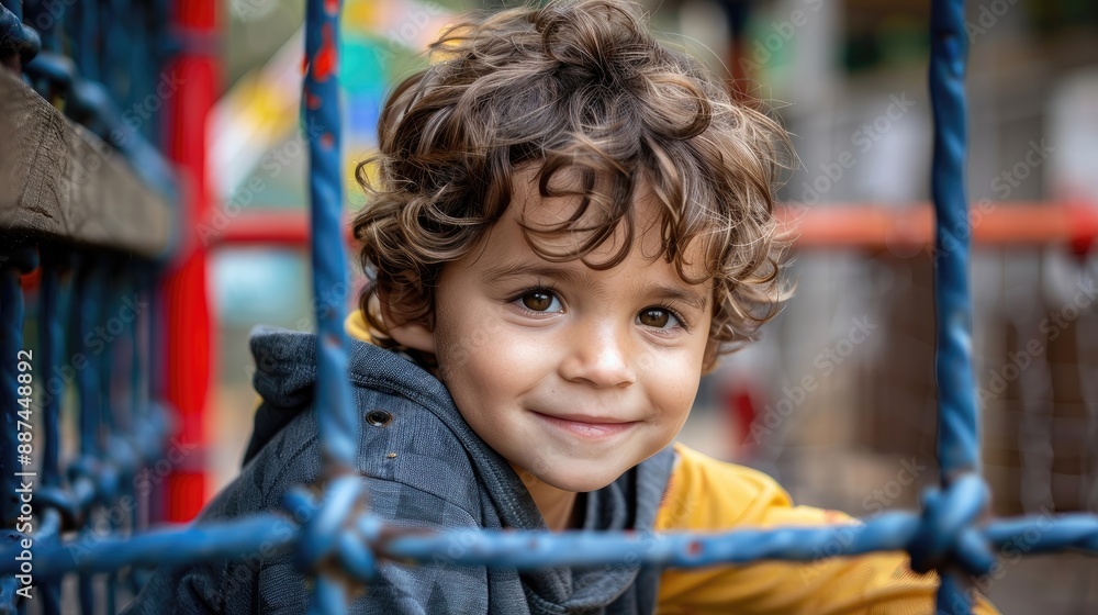 A young boy with curly hair is smiling and looking at the camera A young boy with curly hair is smiling and looking at the camera