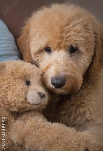 A Goldendoodle with a loving gaze, cuddling with a plush teddy bear. © Alan