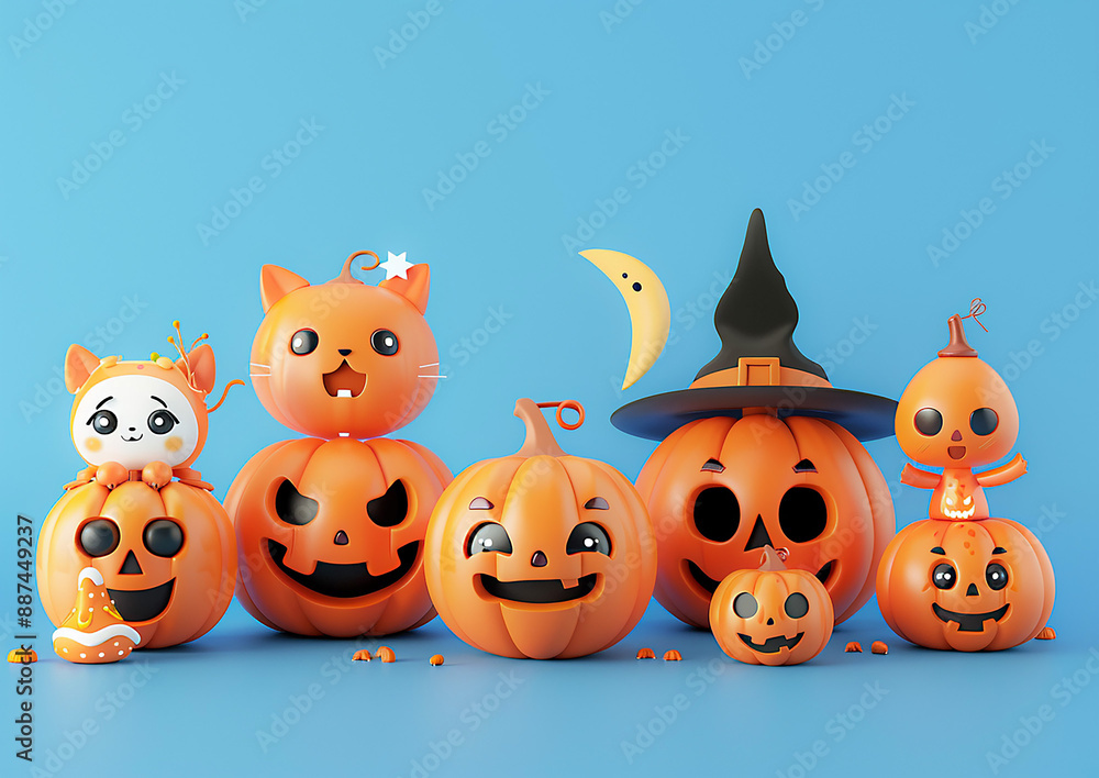 Obraz premium Halloween pumpkin characters, 3D isometric render, animated fun