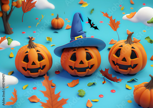 Halloween pumpkin characters, 3D isometric render, animated fun photo