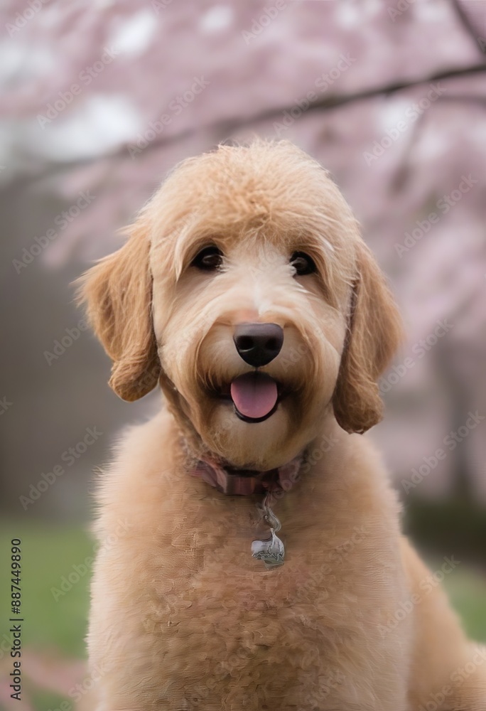 A Goldendoodle with a gentle demeanor, sitting among blooming cherry blossoms. A Goldendoodle with a gentle demeanor, sitting among blooming cherry blossoms.