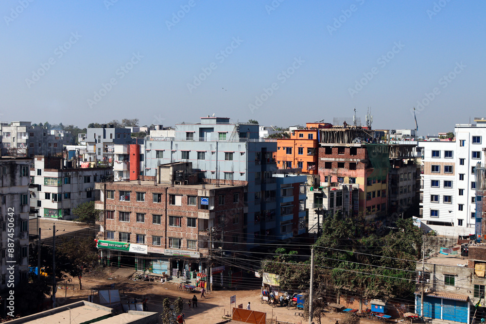 Fototapeta premium Colorful Urban Residential Area with People Engaged in Daily Activities and Construction Work under Clear Blue Sky