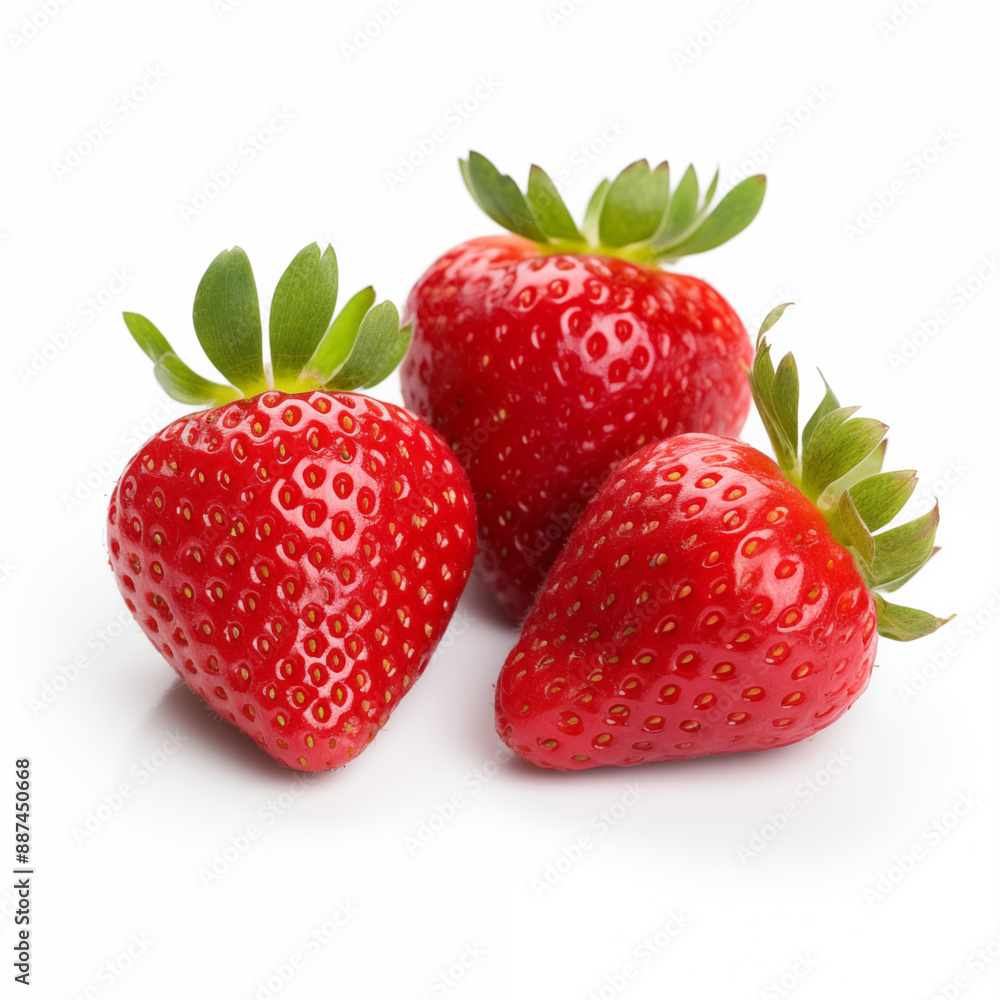Three Ripe Strawberries with Green Leaves on White Background Perfect for Fresh Fruit and Healthy Diet Concepts Three Ripe Strawberries with Green Leaves on White Background Perfect for Fresh Fruit and Healthy Diet Concepts