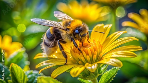 Wallpaper Mural Vibrant yellow petals unfolding, warm sunlight dancing, a busy bumblebee sips sweet nectar from a delicate, intricate, dew-kissed flower's core. Torontodigital.ca