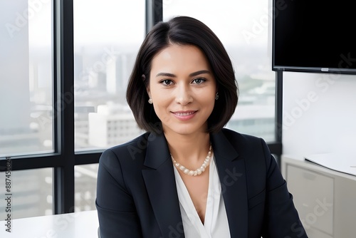 a happy successful business woman in business attire in a corporate office setting  professional  confident  smiling  ambitious  executive  leadership  entrepreneur  career  achievement  beautiful