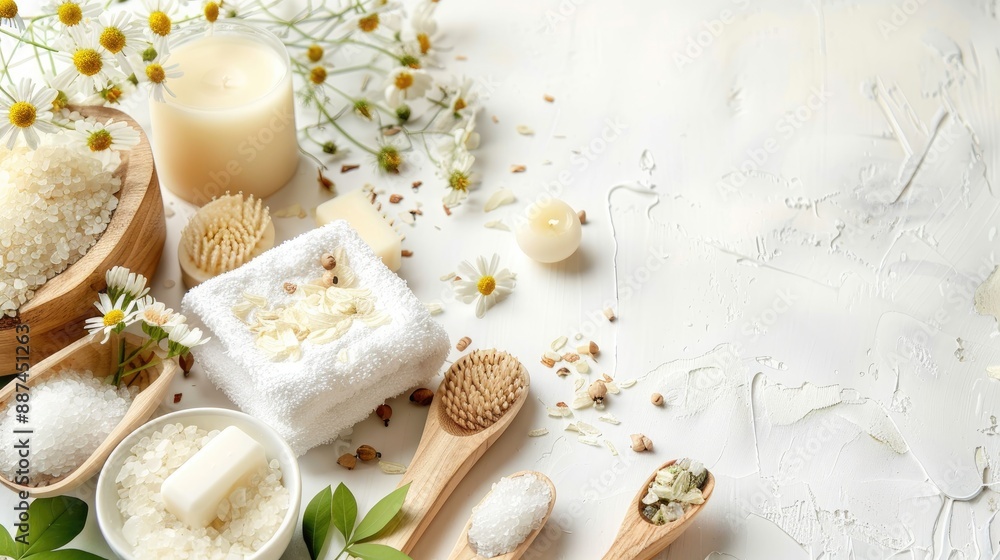 Composition of organic bath products on white background with space for text Composition of organic bath products on white background with space for text