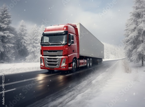 A red truck driving on a snowy road with frozen trees in the background.