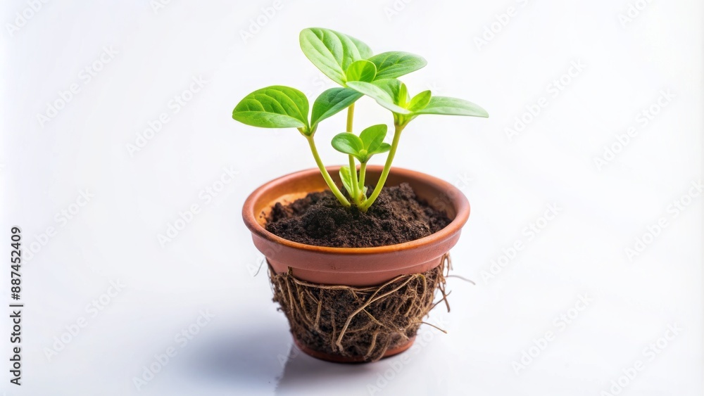 Isolated shot of a delicate green sprout grasping small pot filled with soil against a pristine white background. Isolated shot of a delicate green sprout grasping small pot filled with soil against a pristine white background.