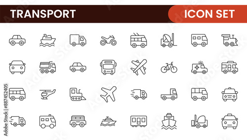 Transport icon set. Containing distribution, shipping, transportation, delivery, cargo, freight, route planning, supply chain, export and import icons. Solid icon collection.