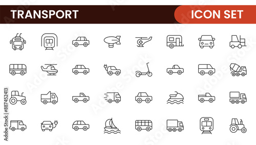 Transport icon set. Containing distribution, shipping, transportation, delivery, cargo, freight, route planning, supply chain, export and import icons. Solid icon collection.