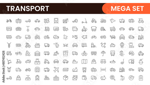 Transport icon set. Containing distribution, shipping, transportation, delivery, cargo, freight, route planning, supply chain, export and import icons. Solid icon collection.