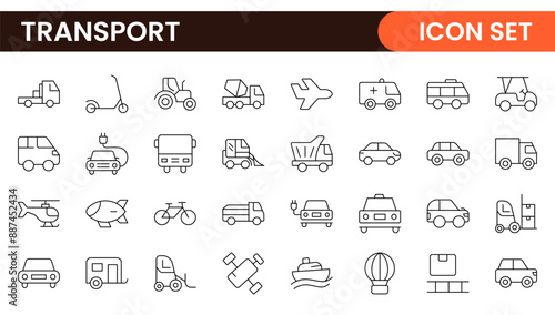 Transport icon set. Containing distribution, shipping, transportation, delivery, cargo, freight, route planning, supply chain, export and import icons. Solid icon collection.