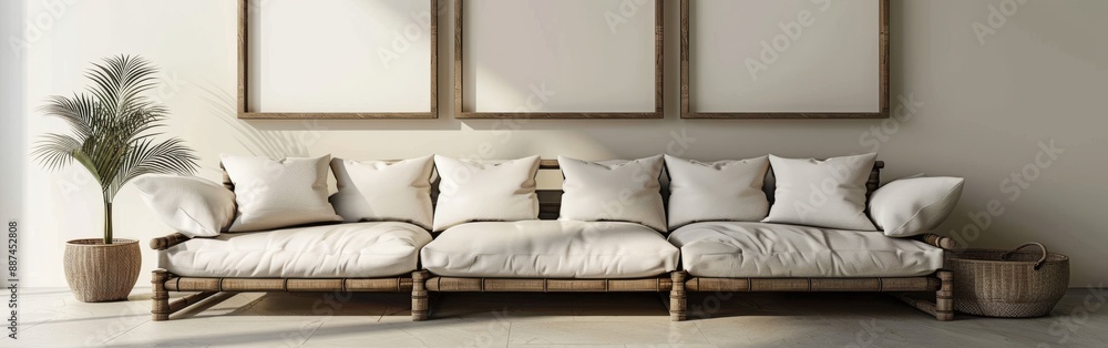 A modern interior design featuring two blank poster frames on a wall above a white couch with multiple pillows. A green plant sits in a wicker basket next to the couch A modern interior design featuring two blank poster frames on a wall above a white couch with multiple pillows. A green plant sits in a wicker basket next to the couch