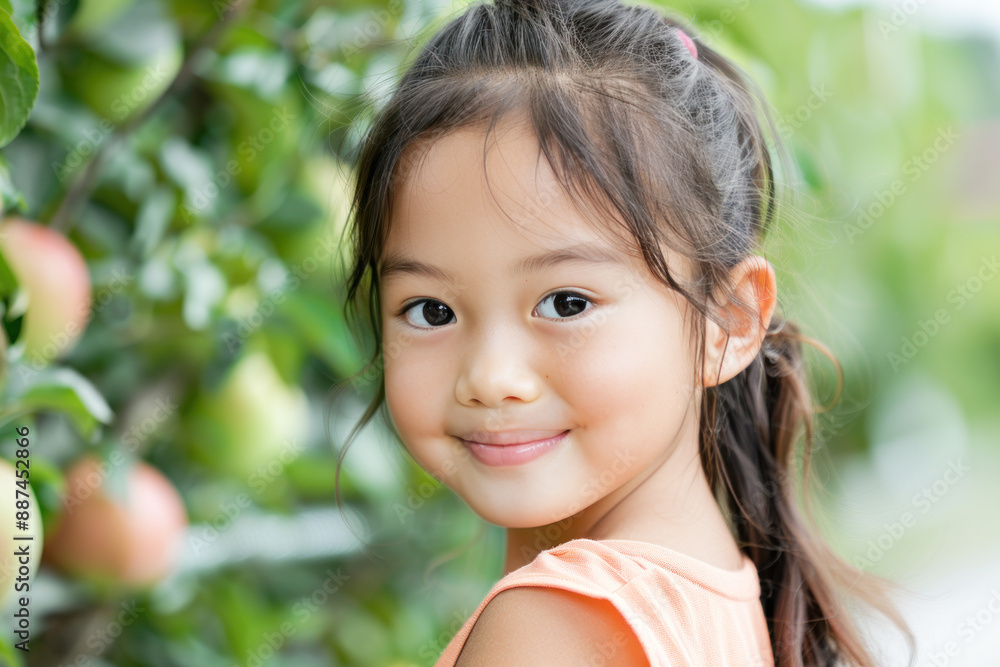 Indonesian girl smile doing outdoor activity at apple field in the morning Indonesian girl smile doing outdoor activity at apple field in the morning