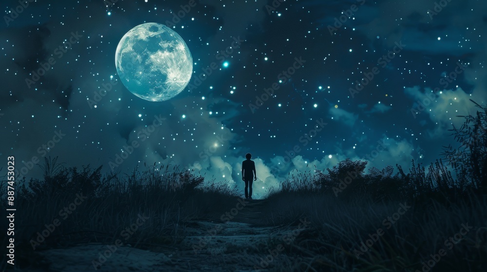 photograph of 20 years old young man who walks under the moon and stars photograph of 20 years old young man who walks under the moon and stars