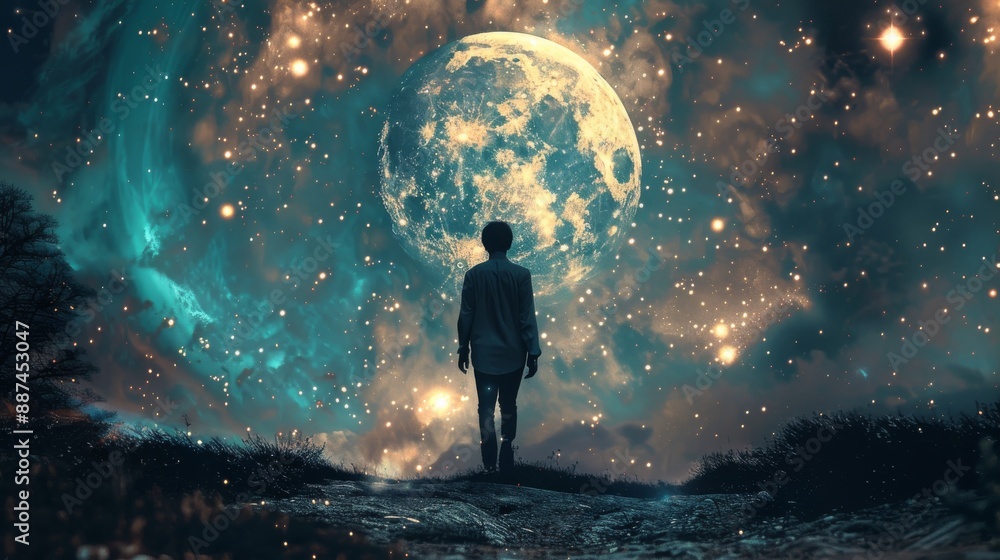 photograph of 20 years old young man who walks under the moon and stars photograph of 20 years old young man who walks under the moon and stars
