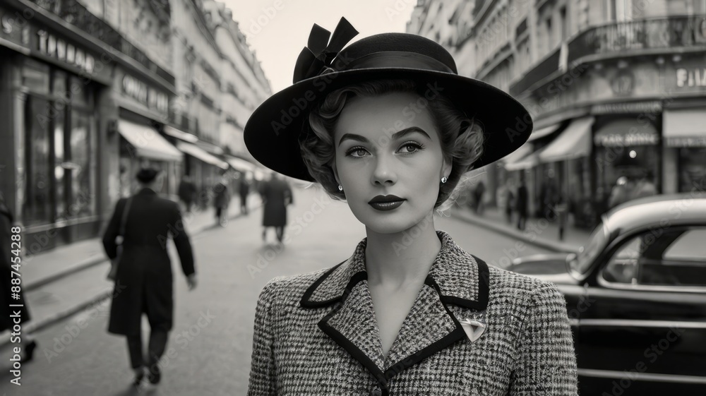 Portrait of a 1950s woman walking down a city street. Portrait of a 1950s woman walking down a city street.
