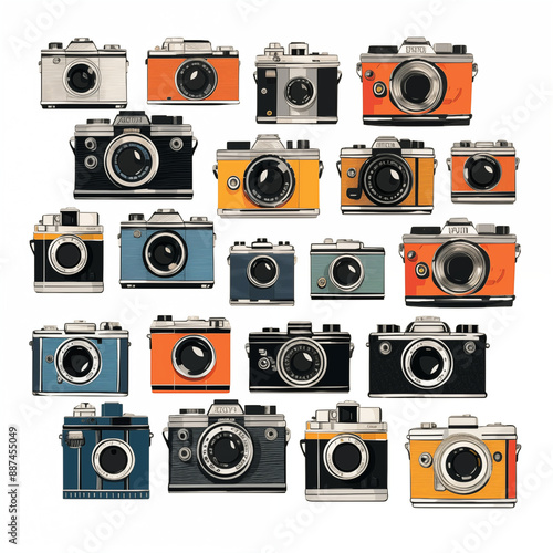 Assortment Of Retro Cameras In Different Colors On A White Background