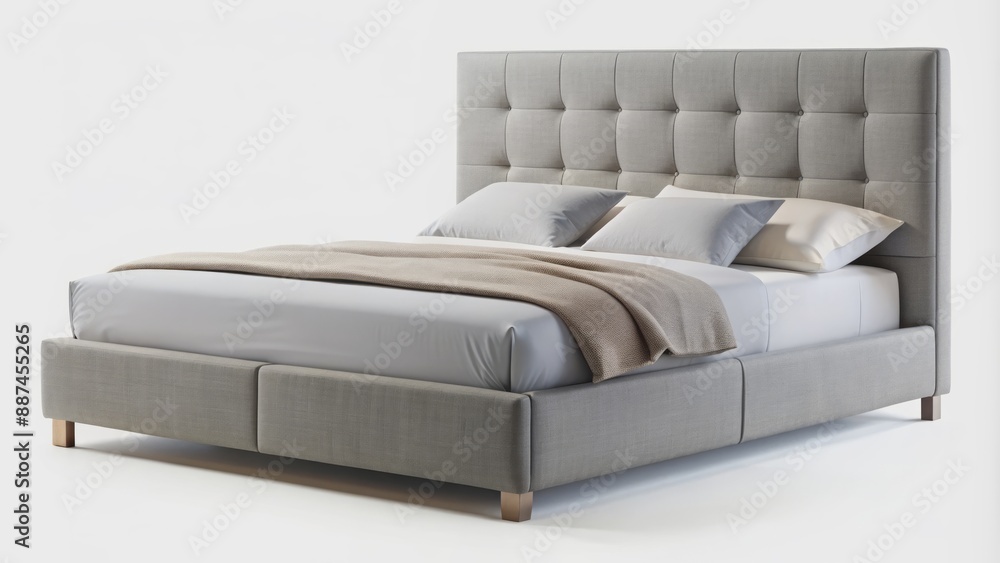 Modern grey double bed isolated on a white background with clipping path for decoration design in a bedroom setting. Modern grey double bed isolated on a white background with clipping path for decoration design in a bedroom setting.