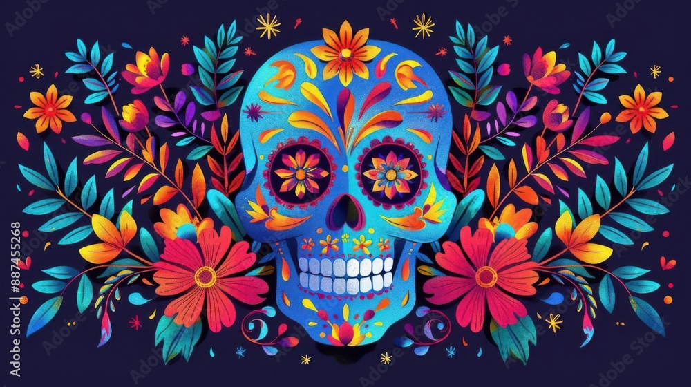 Vibrant Day of the Dead sugar skull illustration with colorful flowers and intricate patterns against a dark background. Vibrant Day of the Dead sugar skull illustration with colorful flowers and intricate patterns against a dark background.