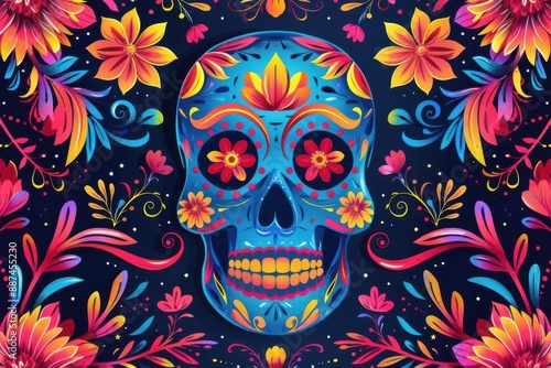 Colorful sugar skull with vibrant floral designs, perfect for Day of the Dead celebrations and festive events.