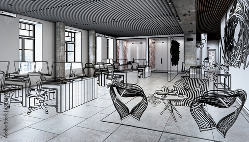 Open and transparent office architecture with meeting area in modern, wood design (Sketch) - 3D visualization