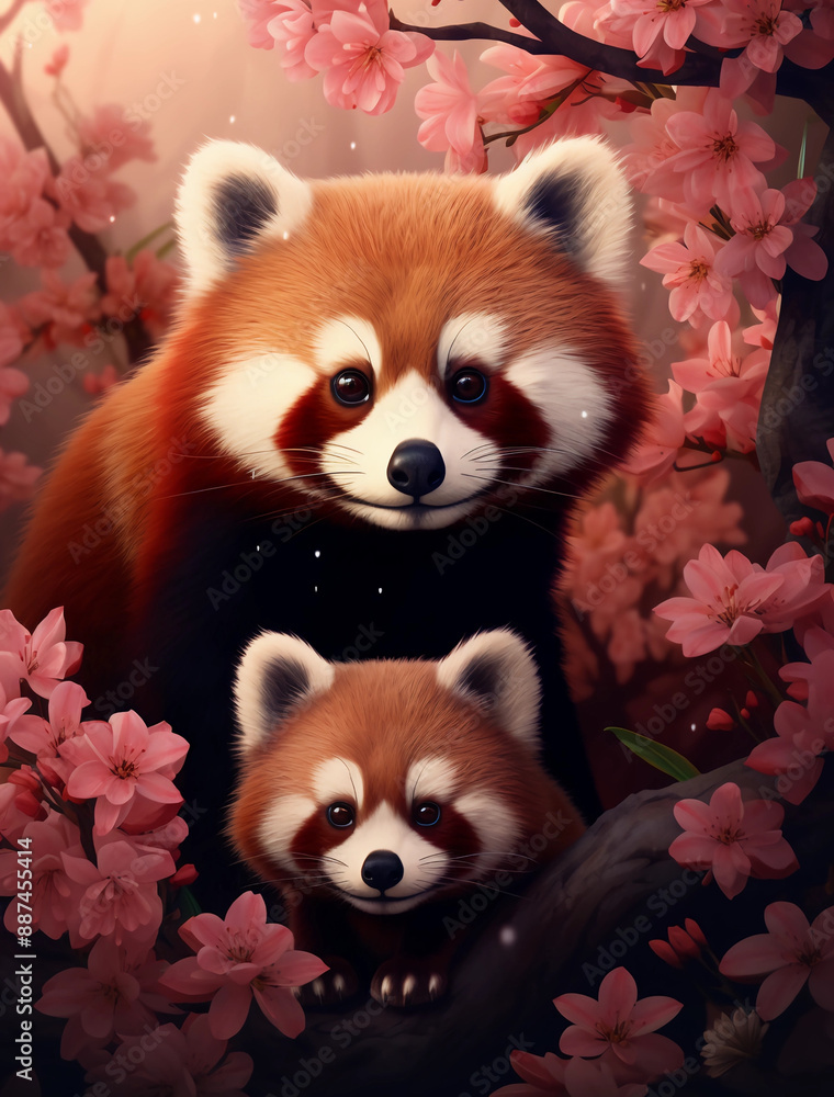 A cute red panda mom and baby, surrounded by pink cherry blossoms in the background A cute red panda mom and baby, surrounded by pink cherry blossoms in the background