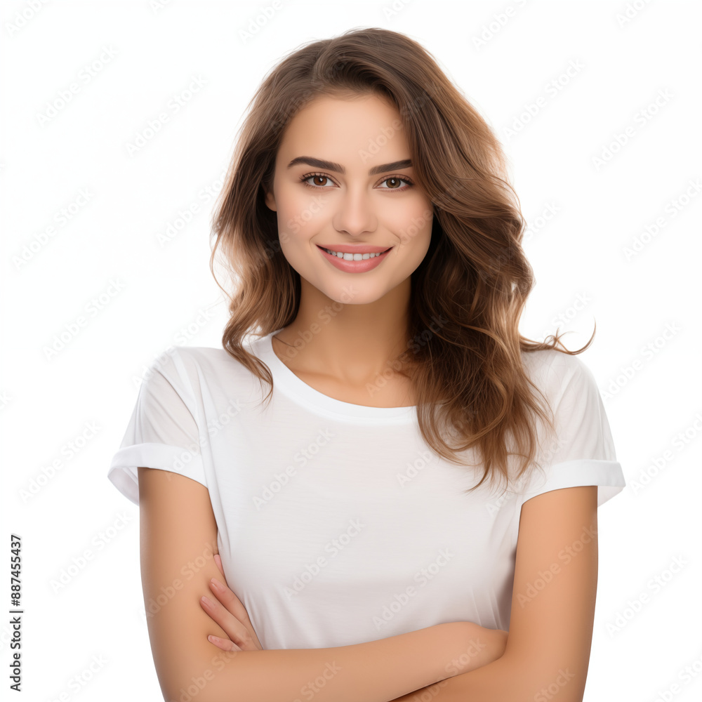 Smiling Woman With Long Wavy Hair Wearing A White T-Shirt Posing Against White Background Smiling Woman With Long Wavy Hair Wearing A White T-Shirt Posing Against White Background