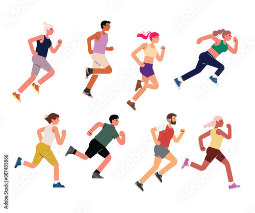 People are running a marathon. Men and women of different nationalities go in for sports together. Participation in sports races, athletic competitions. 