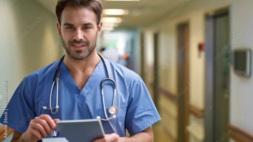 A doctor man in a blue scrubs is smiling and holding a tablet. He is in a hospital hallway A doctor man in a blue scrubs is smiling and holding a tablet. He is in a hospital hallway
