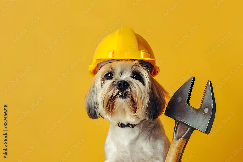 Cute dog with helmet and construction tools on color background. Happy Labor Day. Cute dog with helmet and construction tools on color background. Happy Labor Day.