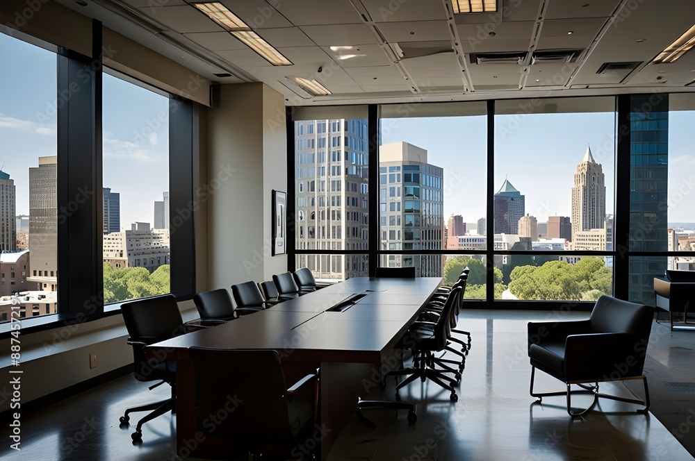 A conference room with a desk and a wall of windows A conference room with a desk and a wall of windows
