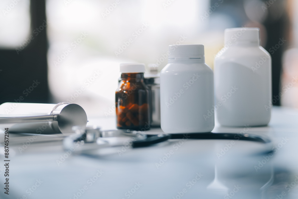 Health care billing statement with stethoscope, bottle of medicine for doctor's work in medical center stone background. Health care billing statement with stethoscope, bottle of medicine for doctor's work in medical center stone background.