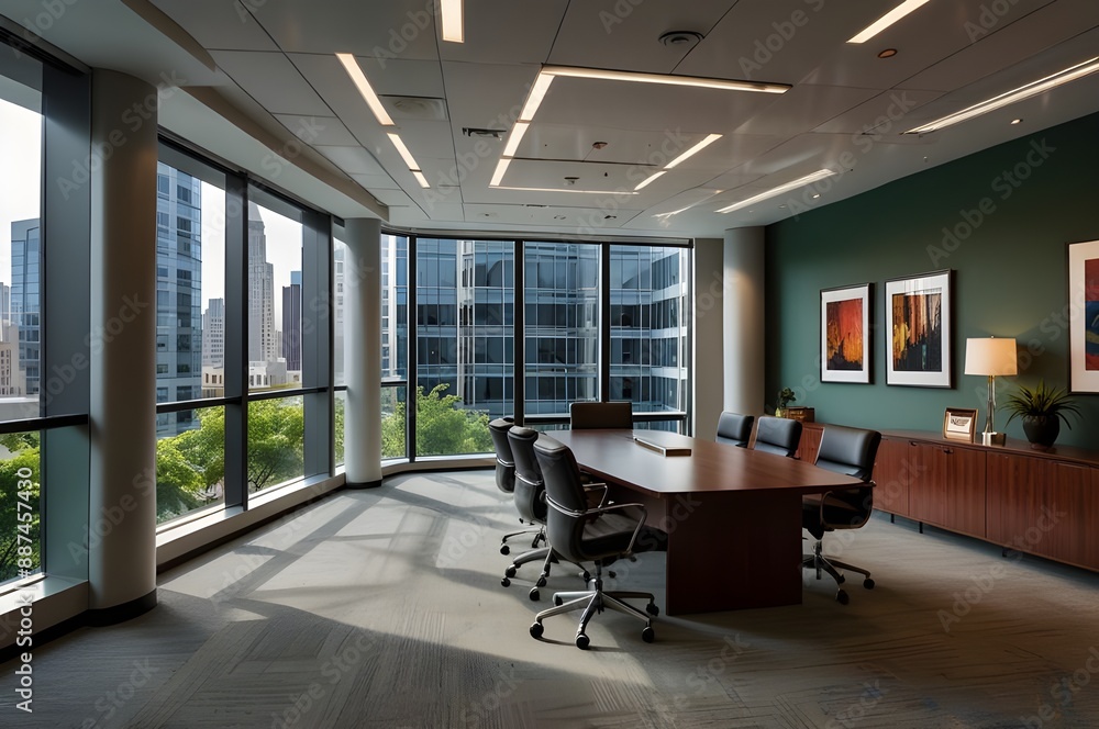 A conference room with a desk and a wall of windows A conference room with a desk and a wall of windows