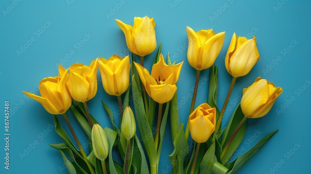 Obraz premium Yellow tulips in a vibrant bouquet on a blue background a simple spring concept