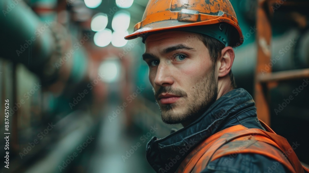 A young man in a factory setting, wearing a hard hat and safety vest, looks intently toward the camera A young man in a factory setting, wearing a hard hat and safety vest, looks intently toward the camera