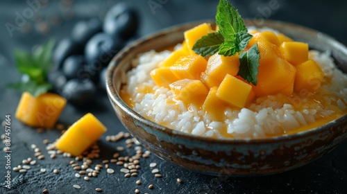 Delicious Thai mango sticky rice with cut fresh mango fruit in plate on gray table background. photo