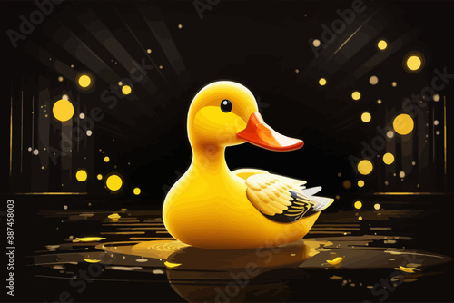 glowing yellow duck in front of black background