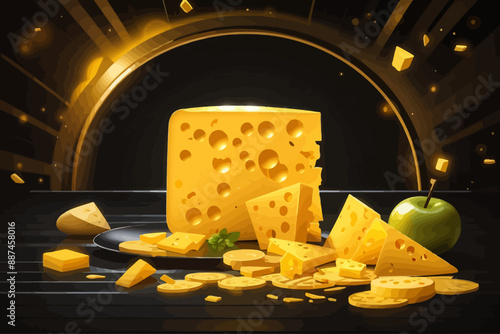 glowing yellow cheese in front of black background